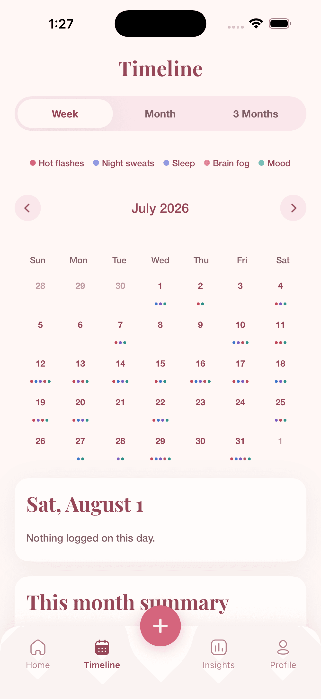 A month of logged symptoms in Sathi, each day marked with coloured dots for hot flashes, night sweats, sleep, brain fog and mood.